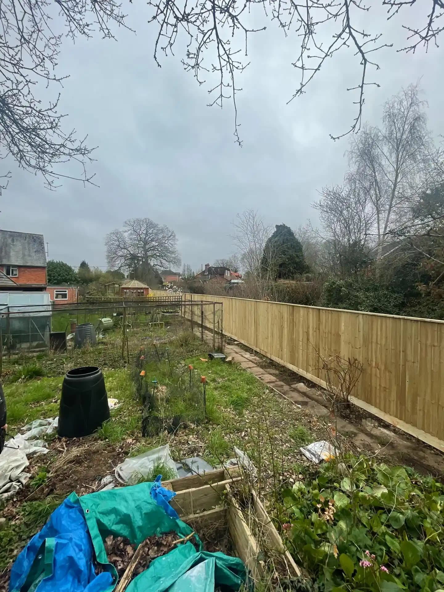New closeboard timber fence enclosing a large garden with planting beds, lawn and a path.
