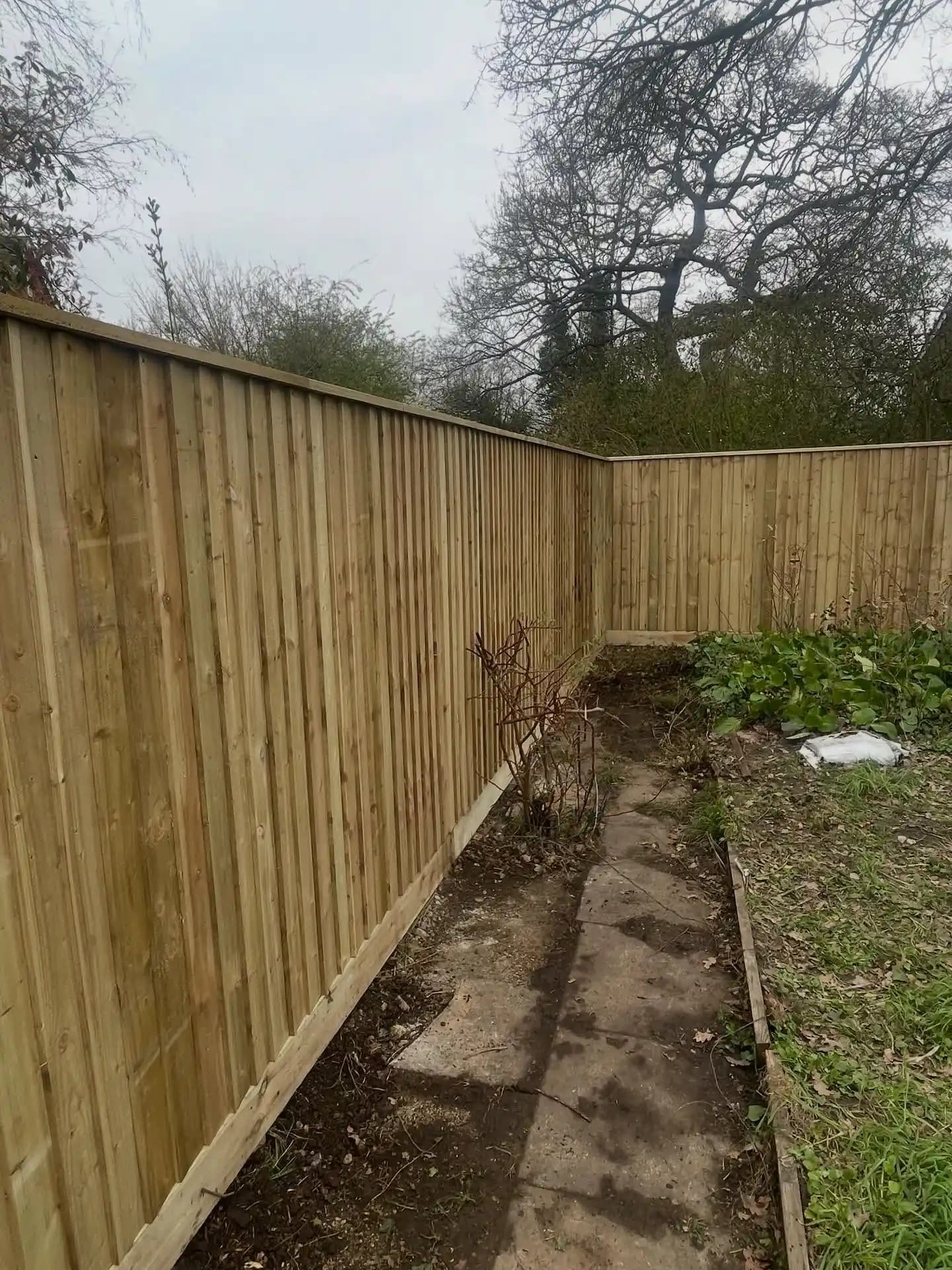 Straight run of new feather edge closeboard fencing with gravel board and capping beside a garden path.