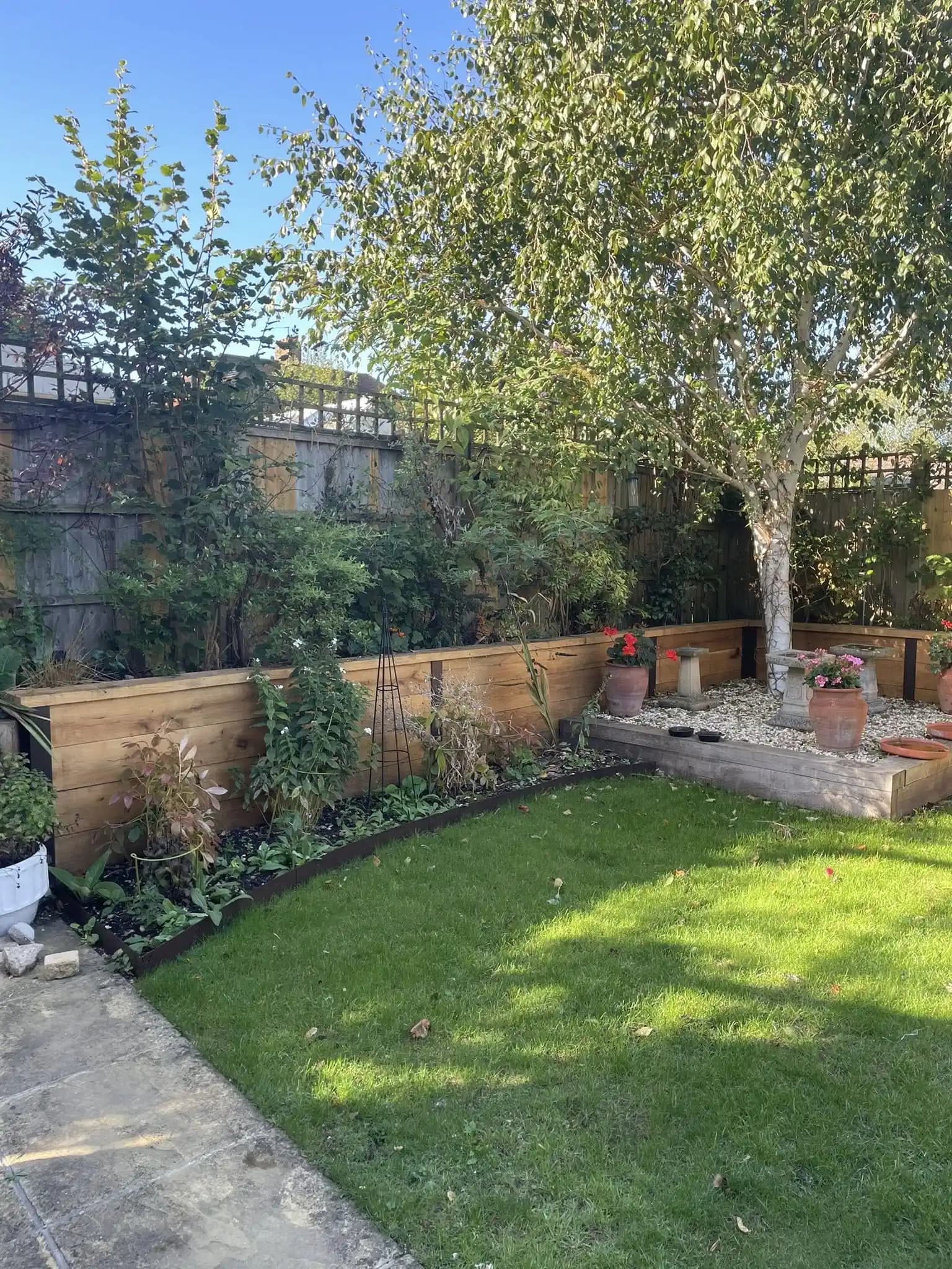 Landscaped garden border with sleeper edging, lawn, planting, gravel feature and mature birch tree.