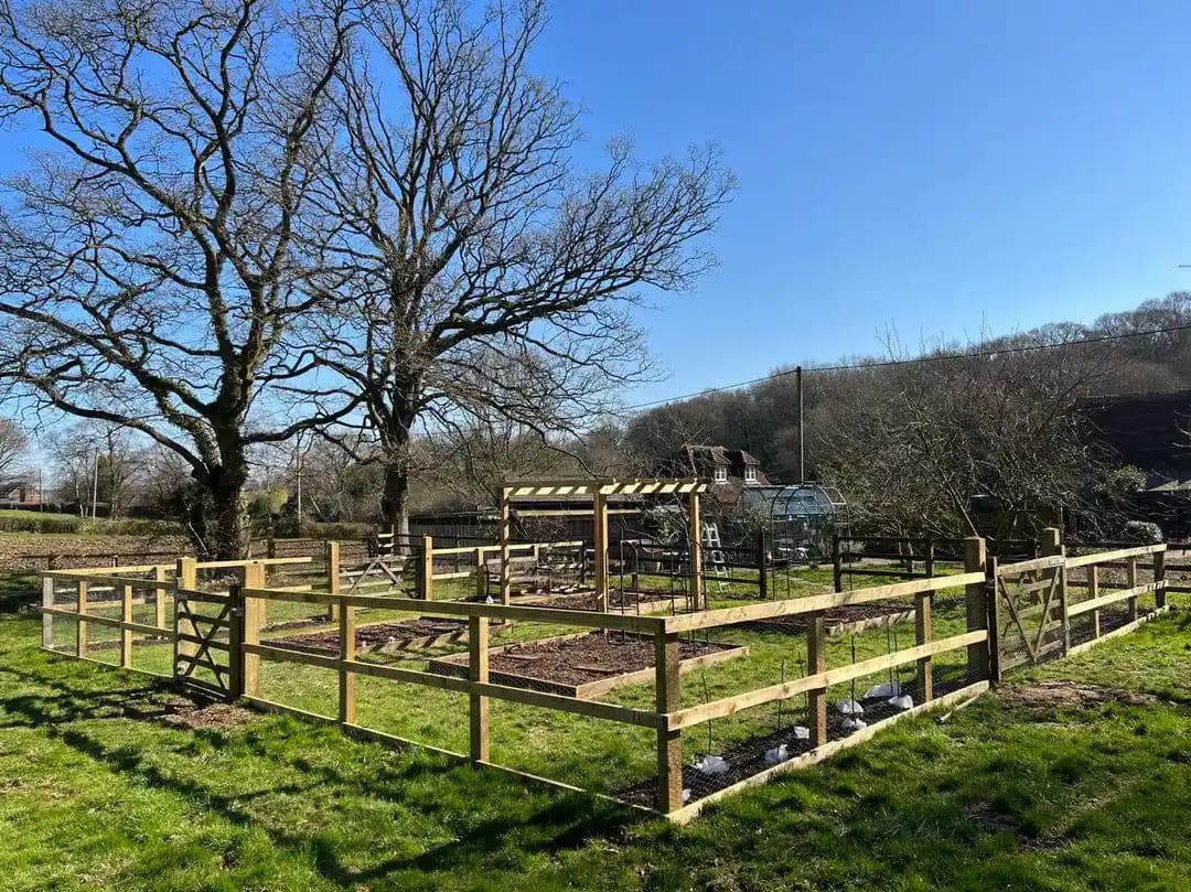 Post and rail fencing with wire mesh enclosing a vegetable garden and timber pergola structure.