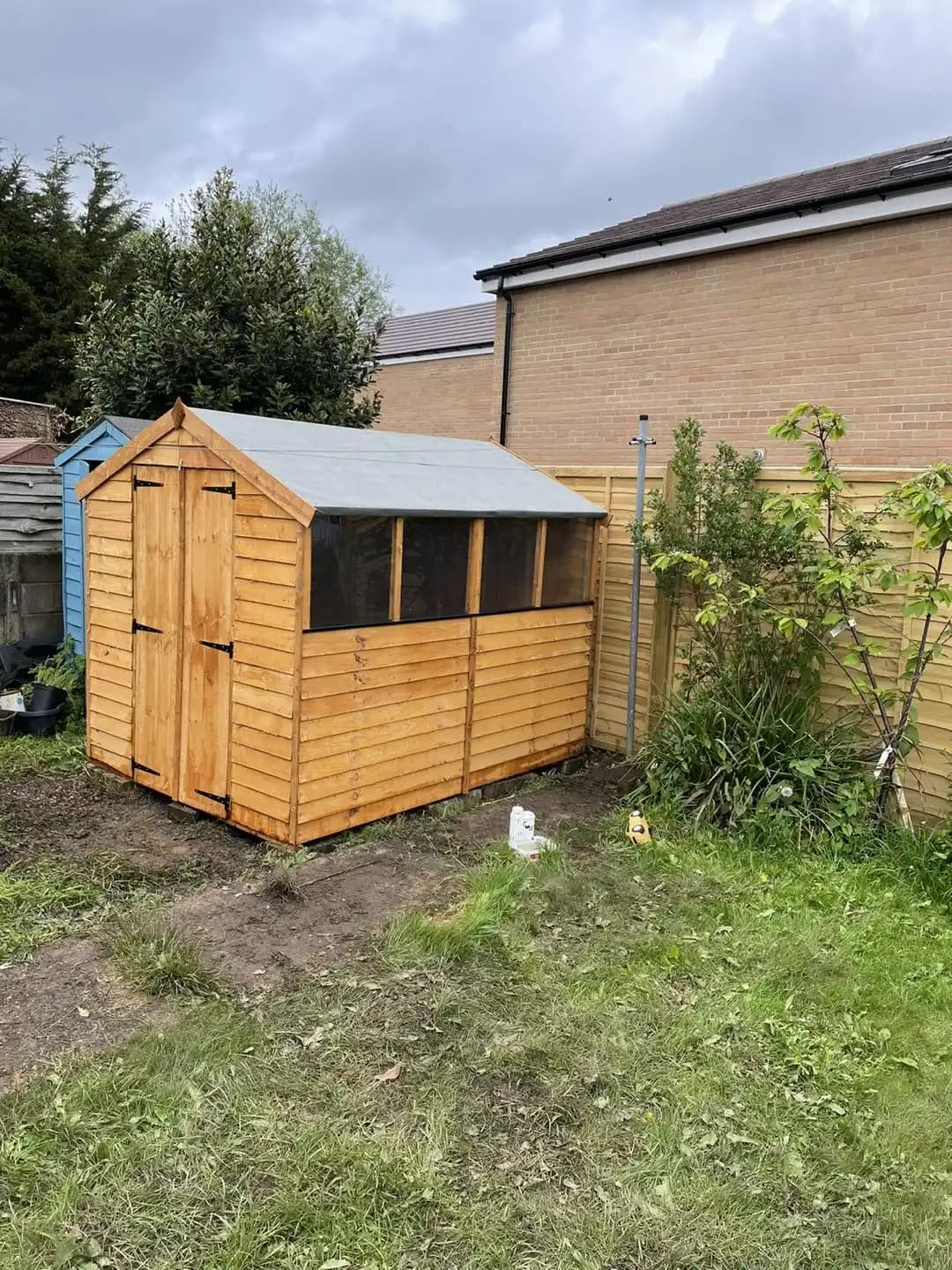 New timber garden shed with double doors installed beside a boundary fence and garden planting.