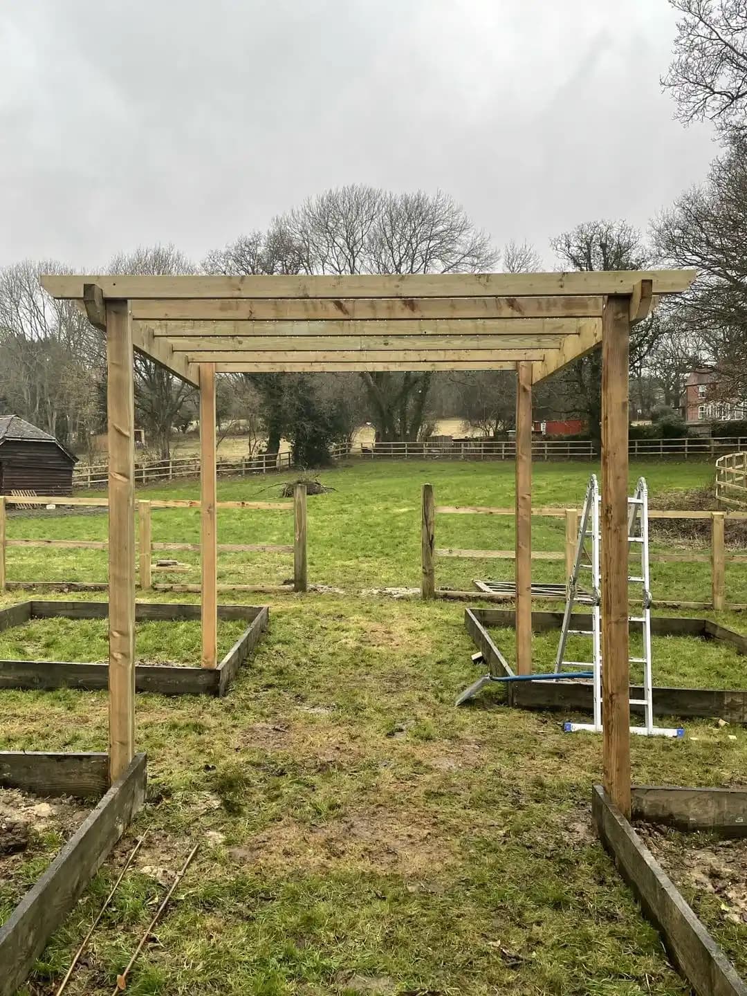 New timber pergola frame installed over a pathway between vegetable beds in a garden.