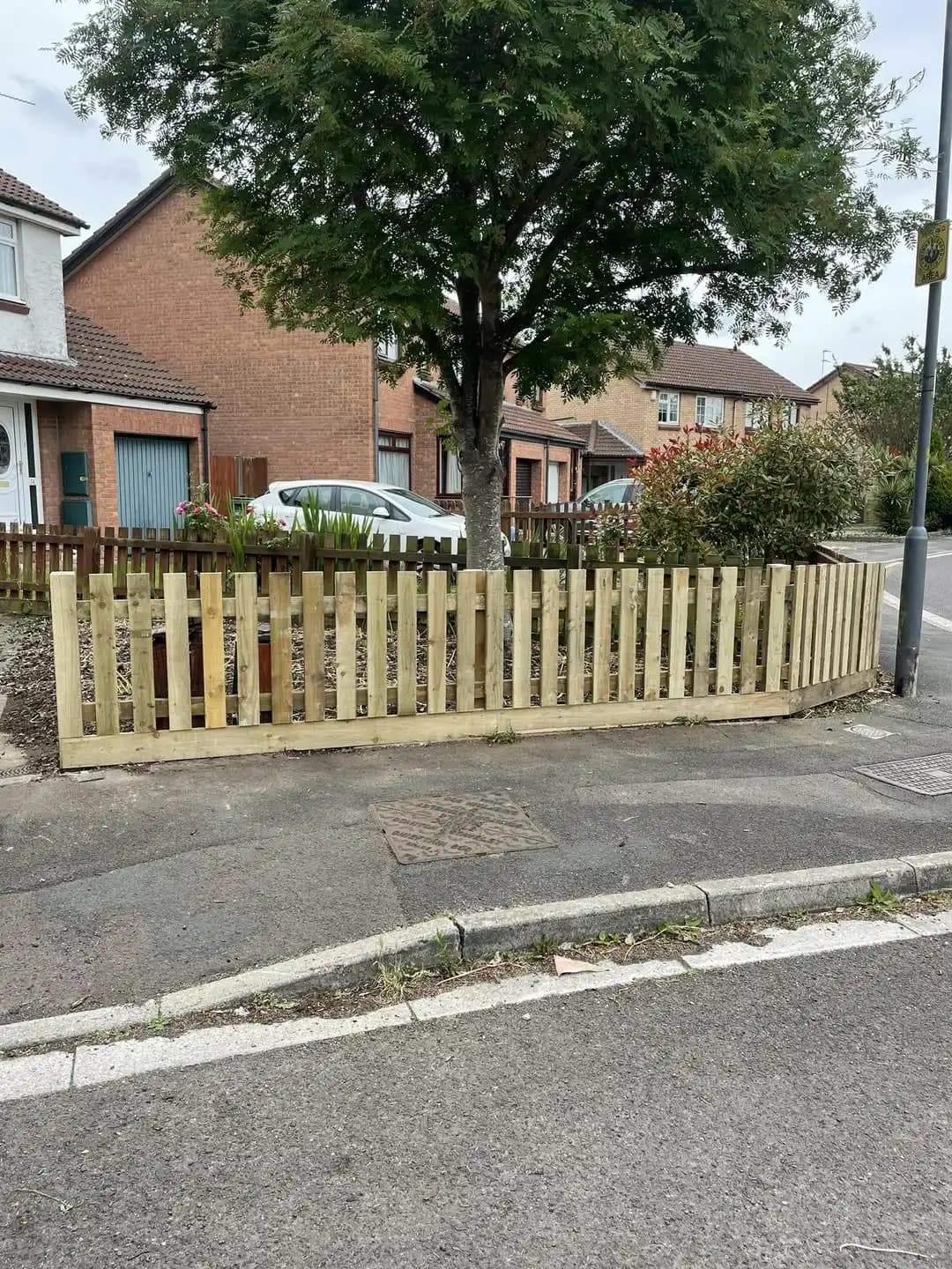 Fresh timber picket fence installed around a front garden and tree border at a residential property.